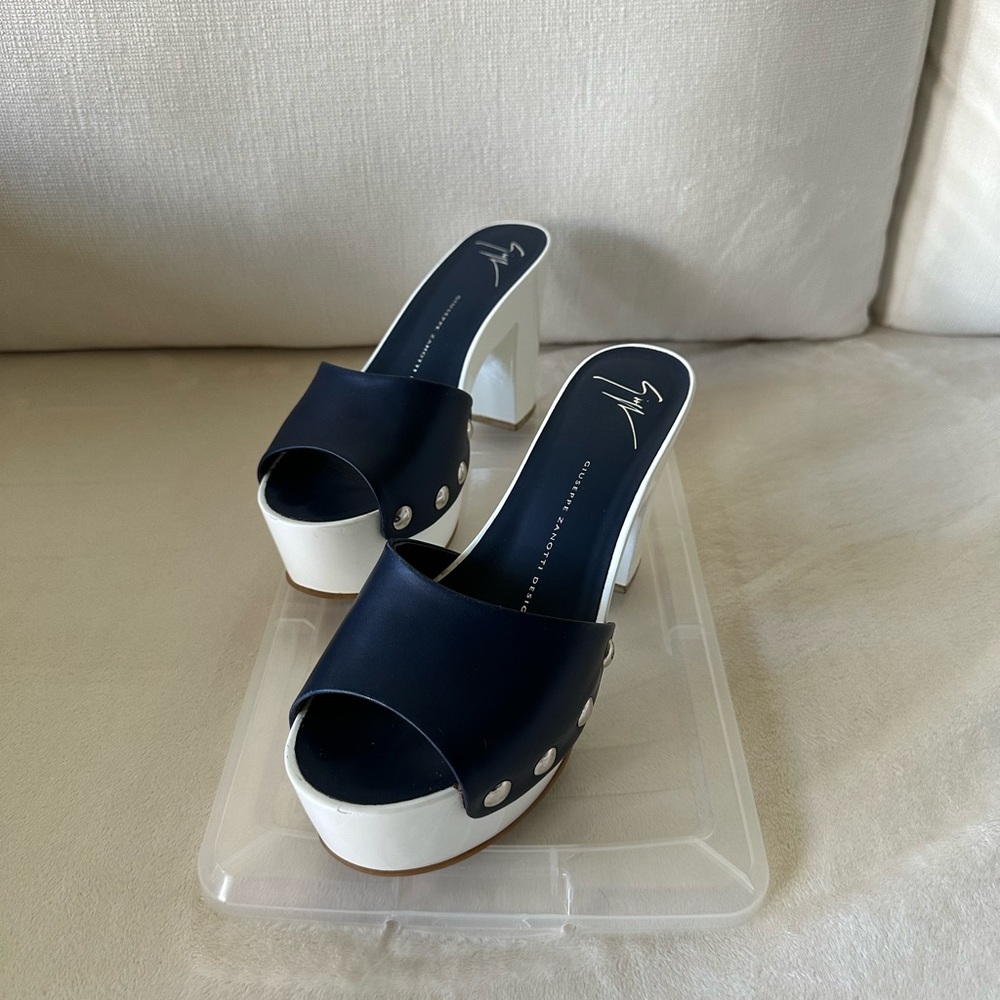 Giuseppe Zanotti Blue and White Mules with Platform Sole